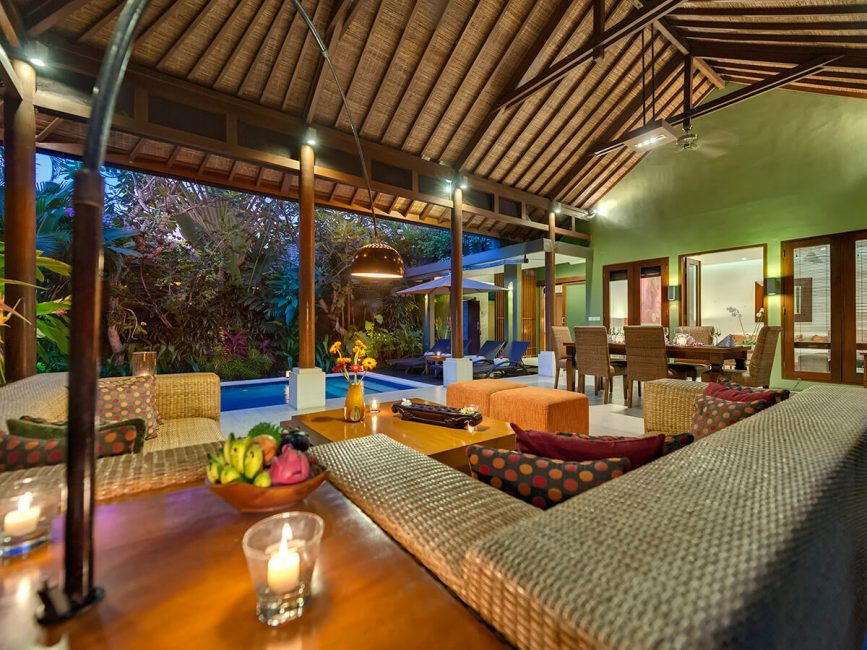 14. Lakshmi Villas Ubud Living area view to pool at night